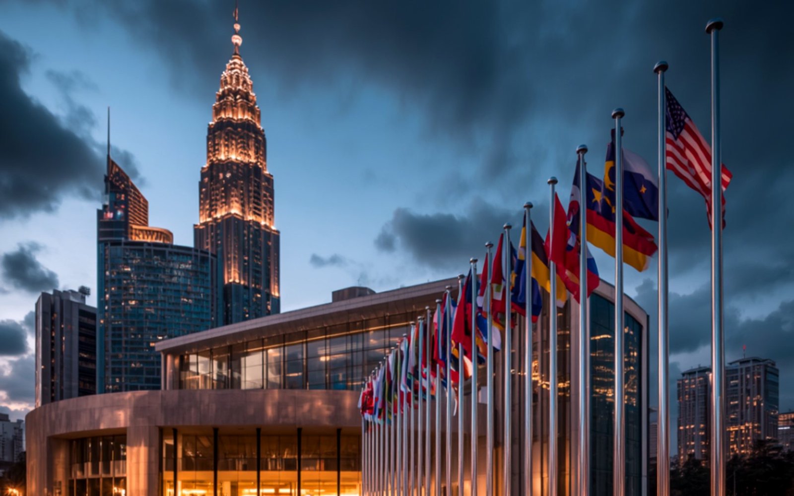 International flags at dusk outside a modern glass conference venue, representing global delegate representation
