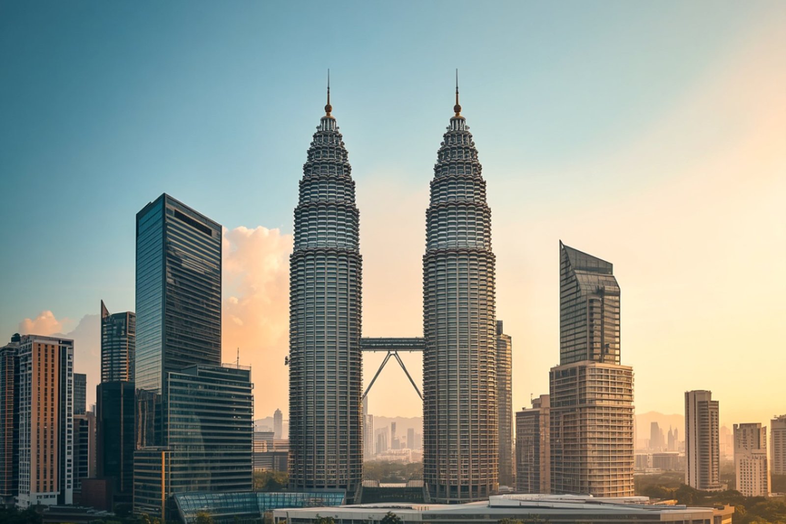 Petronas Towers rendered with a digital, AI-inspired overlay representing Malaysia's technology ambitions