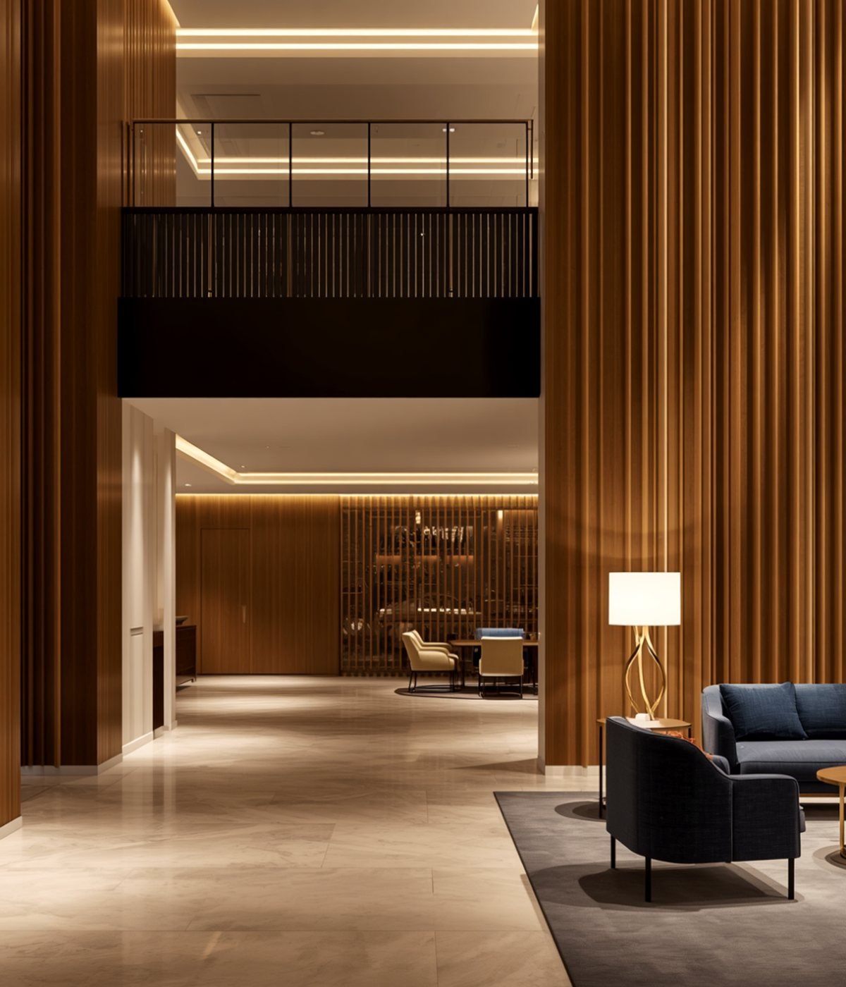 Elegant VIP networking lounge with warm wood interiors and lounge seating